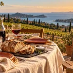 Chateau le bouis restaurant gruissan : table sur terrasse, vignes vers la mer