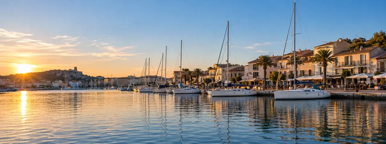 Meilleur restaurant Gruissan port : vue des quais, des voiliers et des terrasses de restaurants