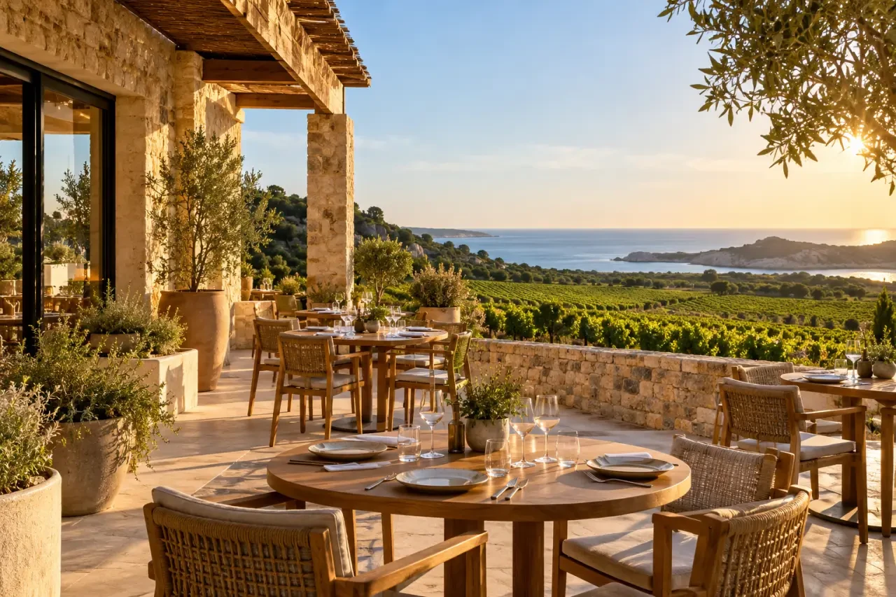 Restaurant Château le Bouïs Gruissan avec terrasse sur les vignes et vue sur la Méditerranée