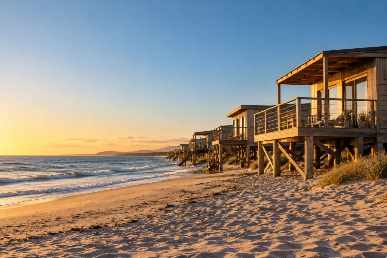 Airbnb Gruissan plage avec chalets sur pilotis face à la mer
