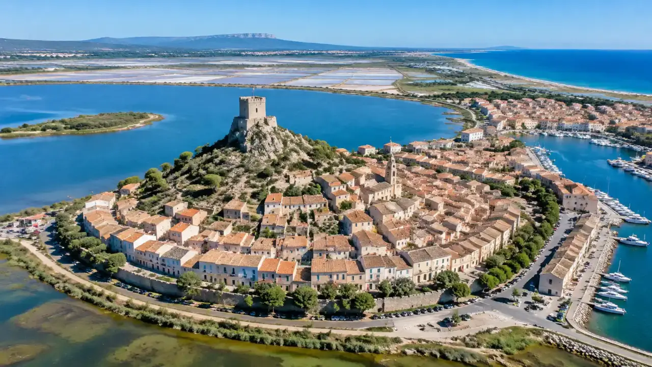 Village circulaire de Gruissan et sa tour Barberousse vus d'en haut, étang bleu