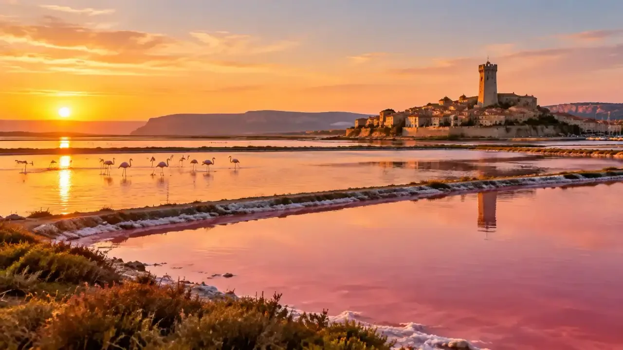 Lagune au lever du soleil avec des flamants roses
