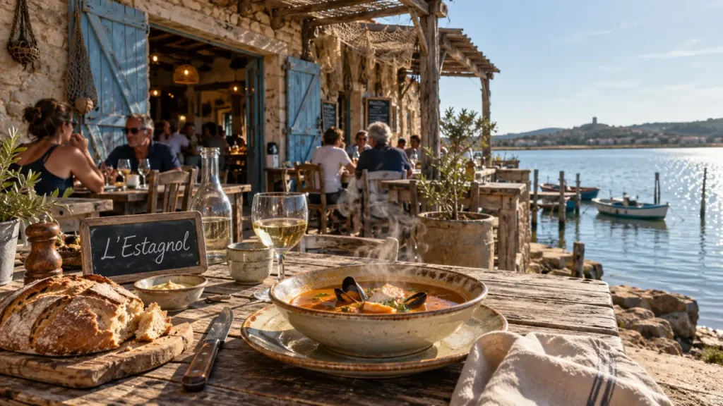 Restaurant l'estagnol gruissan : grange de pêcheurs, table et étang de Gruissan